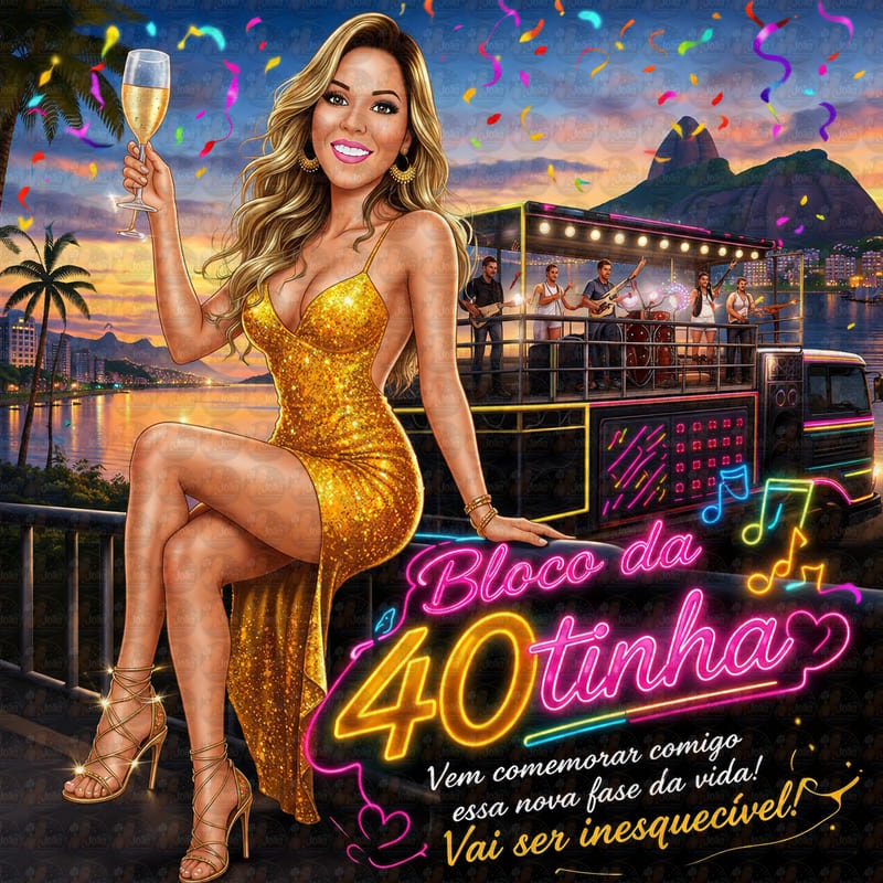 Caricatura de Aniversário Feminina no Trio Elétrico | Tema Micareta Carnaval (20, 30, 40, 50, 60 anos)