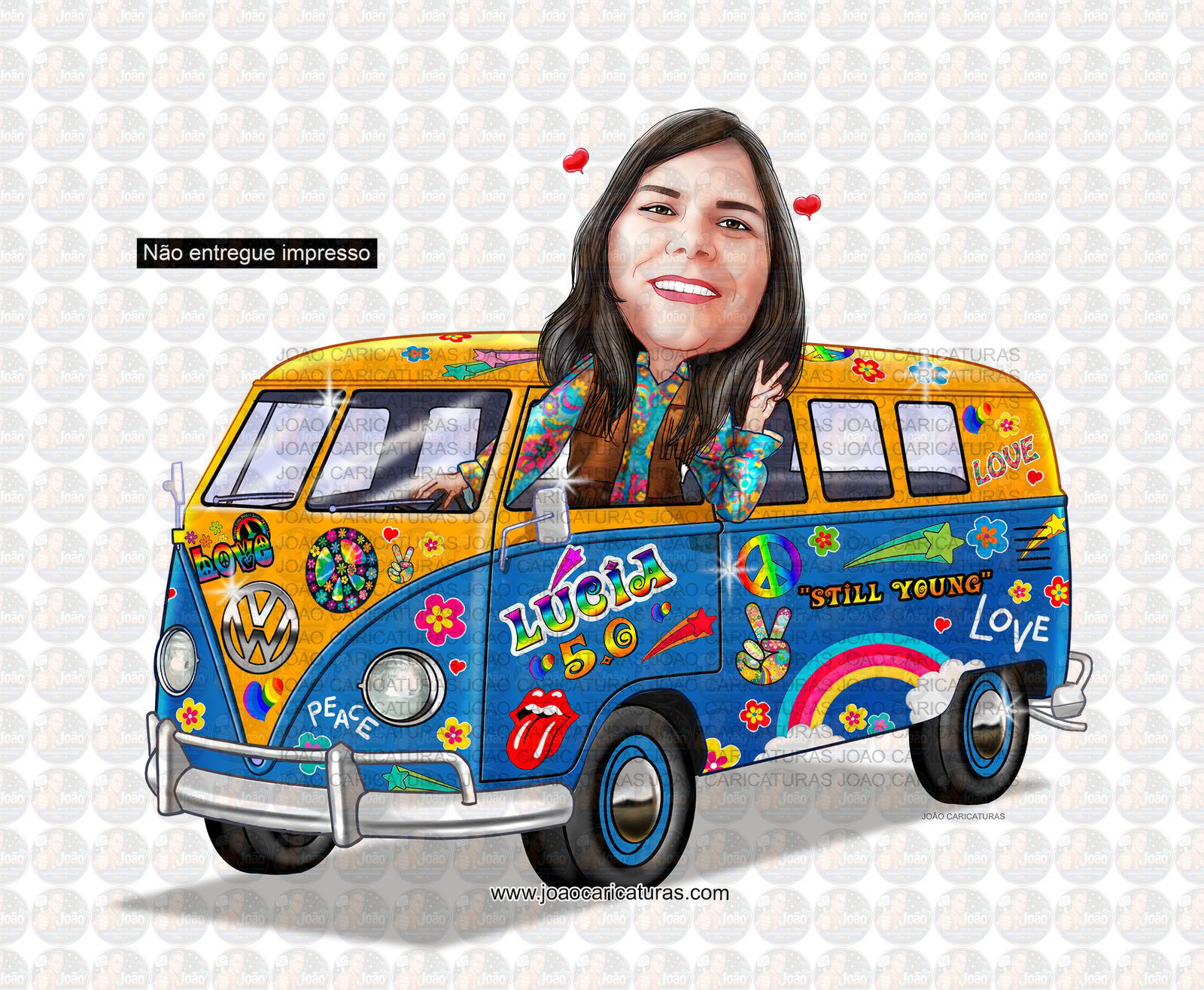 Caricatura aniversário mulher mãe, tia, irmã senhora, dirigindo kombi, hippie, 1960 e 1970, paz e amor, psicodélico, antiga, perua