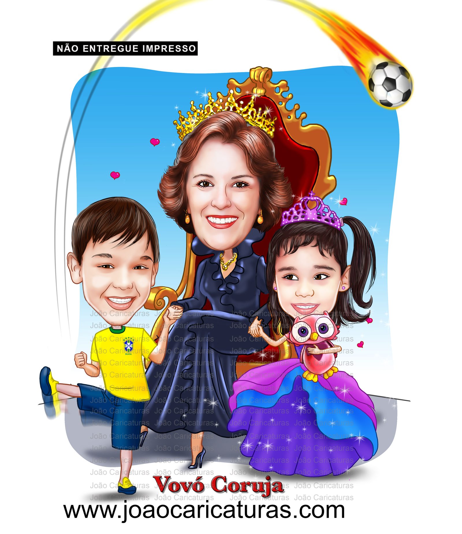 Caricatura, desenho avó, vovó, netos, filhos, rainha, coroada, trono, centenária, sentada, família, realeza, poderosa, fiel, caprichada, idêntica, igual a foto