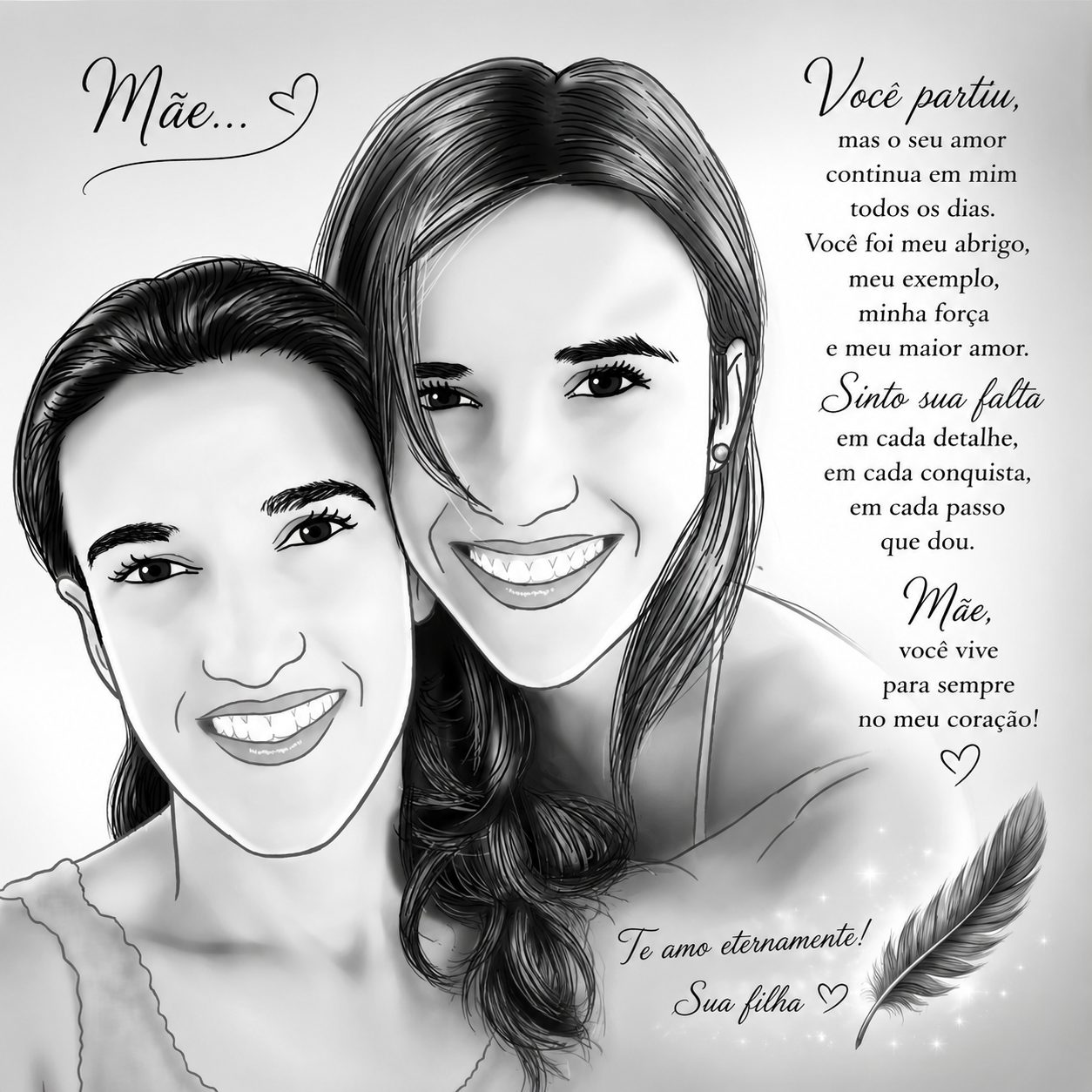 Caricatura Digital em Grafite – Homenagem In Memoriam para Mãe, Filha, Irmã ou Amiga