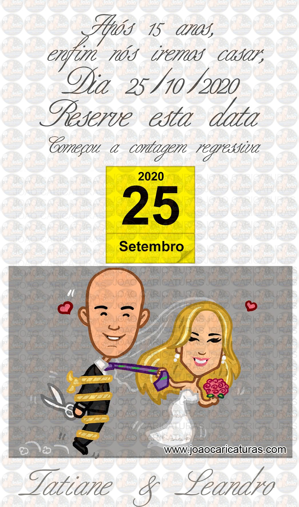 Caricatura simplificada de casal casamento convite reserve esta data avatar noiva puxando pela gravata noivo amarrado nupcial