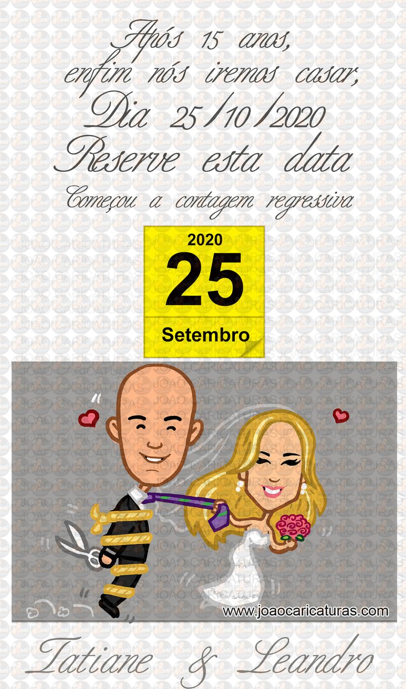 Caricatura simplificada  de casal casamento convite reserve esta data avatar noiva puxando pela gravata noivo amarrado nupcial