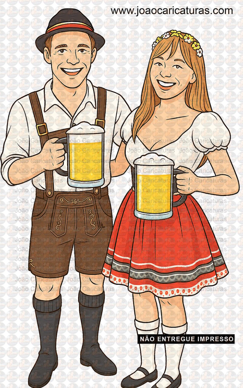 aricatura de casal do Sul com roupas típicas alemã, segurando caneca de chopp Oktoberfest