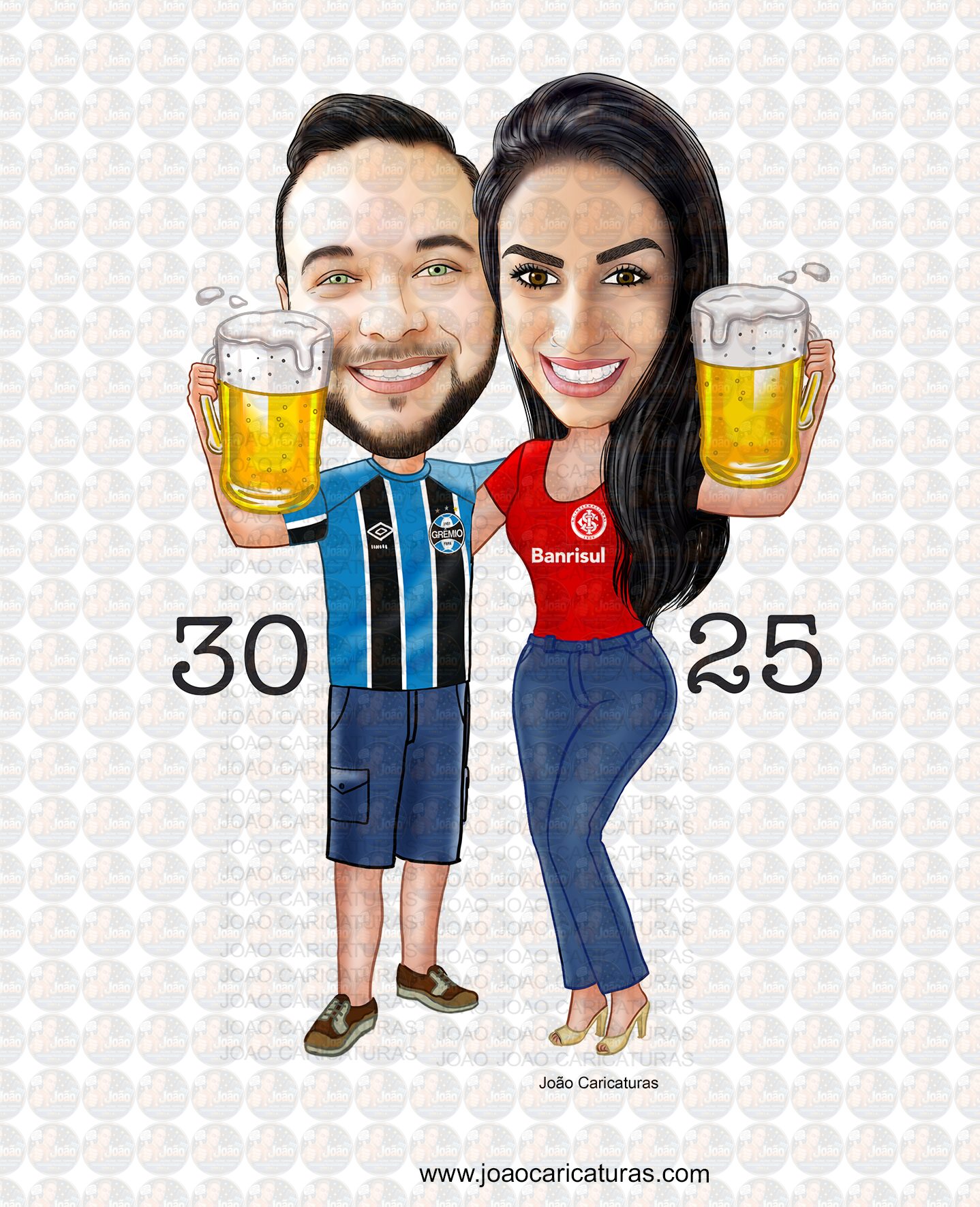 Caricatura digital de casal bodas namorados namoro abraçados aniversário camisa time grêmio celular cerveja chopp rosto normal Santos. gostosa internacional times sereia mulherão