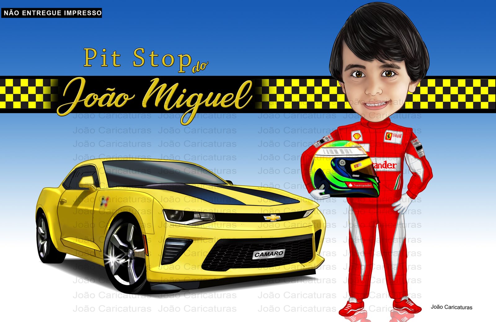 Caricatura Infantil Piloto de Corrida com Camaro Amarelo