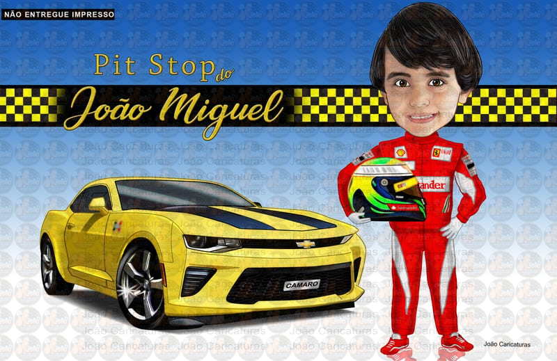 Caricatura Infantil Piloto de Corrida com Camaro Amarelo