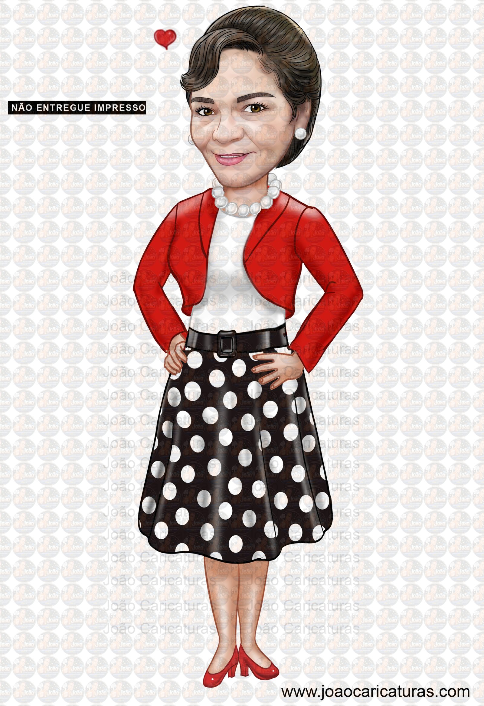 Caricatura mulher Aniversariante festa estilo anos 50 60 70 80 vestido bolinha amarelinha sra idosa velha guarda caricatura desenho letras letreiro moda vestimenta