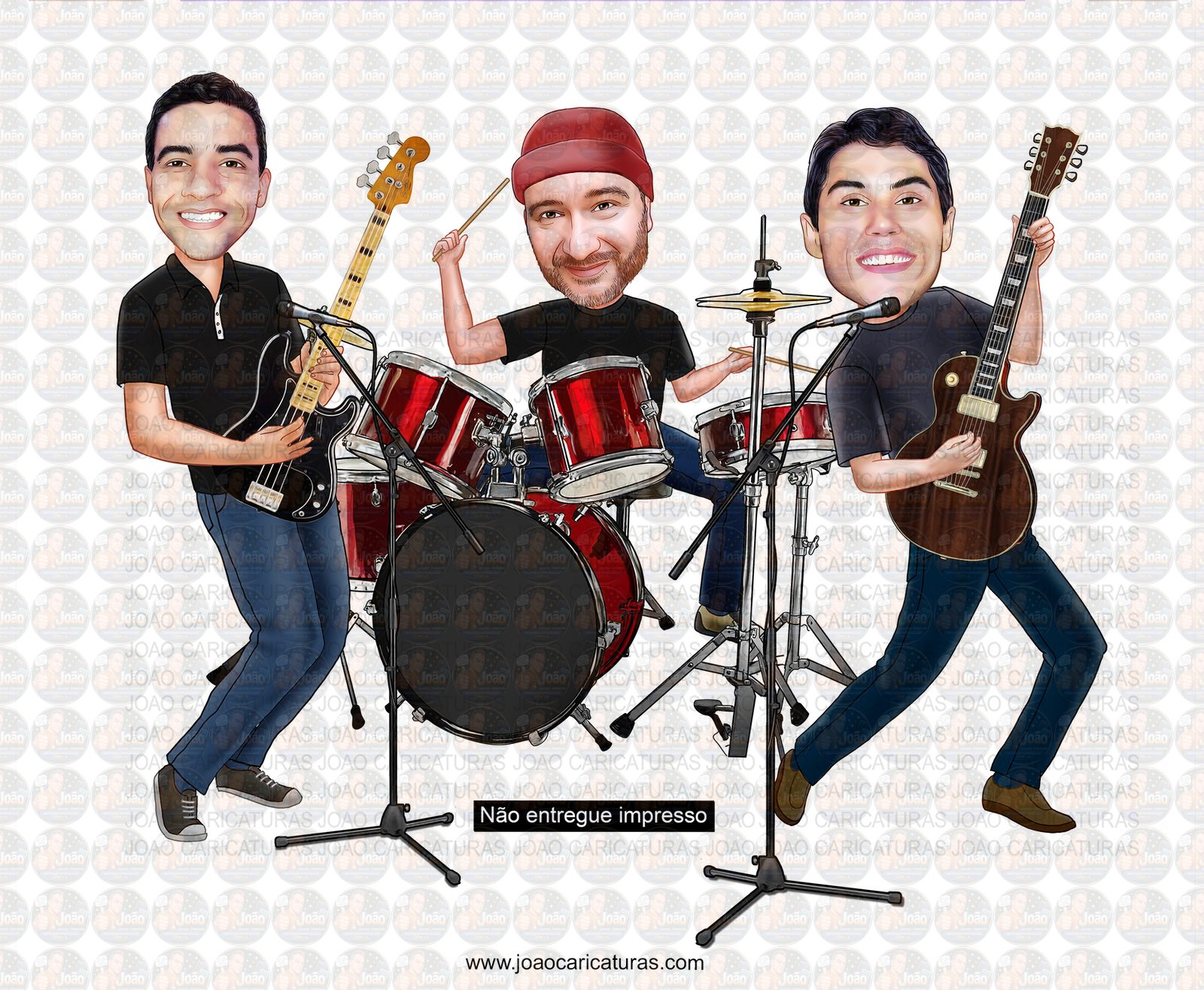 Caricatura Personalizada Banda Musical – Guitarrista, Baterista e Contrabaixistapersonalizado, palco, disco,lançamento