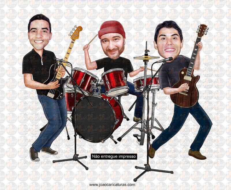 Caricatura Personalizada Banda Musical – Guitarrista, Baterista e Contrabaixistapersonalizado, palco, disco,lançamento