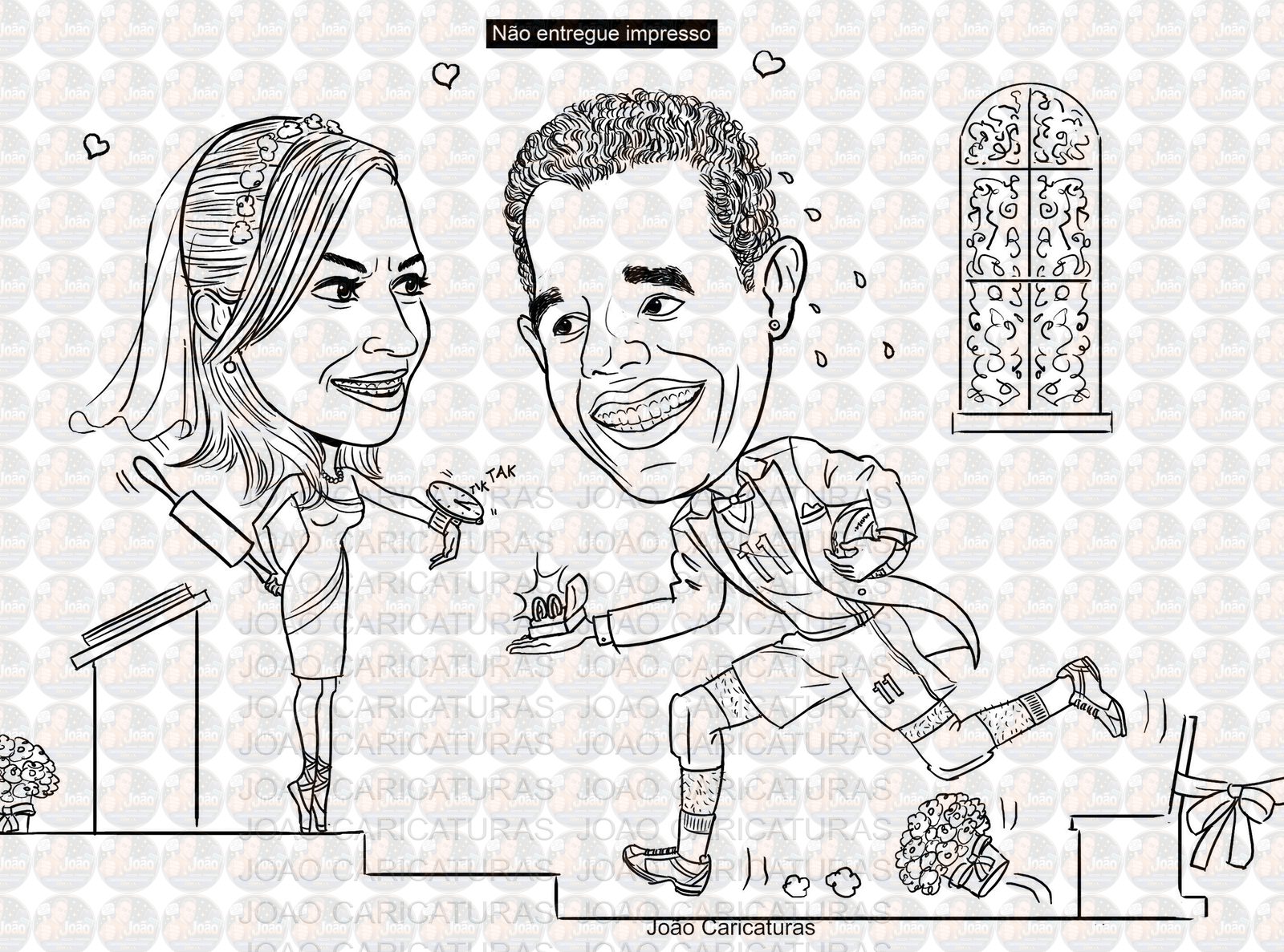Caricatura casal traço sem cor corel casamento, noivo, noiva, vetor, vetorial, 1 cor, correndo, noivo atrasado,noiva brava, igreja, altar, rolo macarrão, puxando gola,puxando corda,moto, brindando,