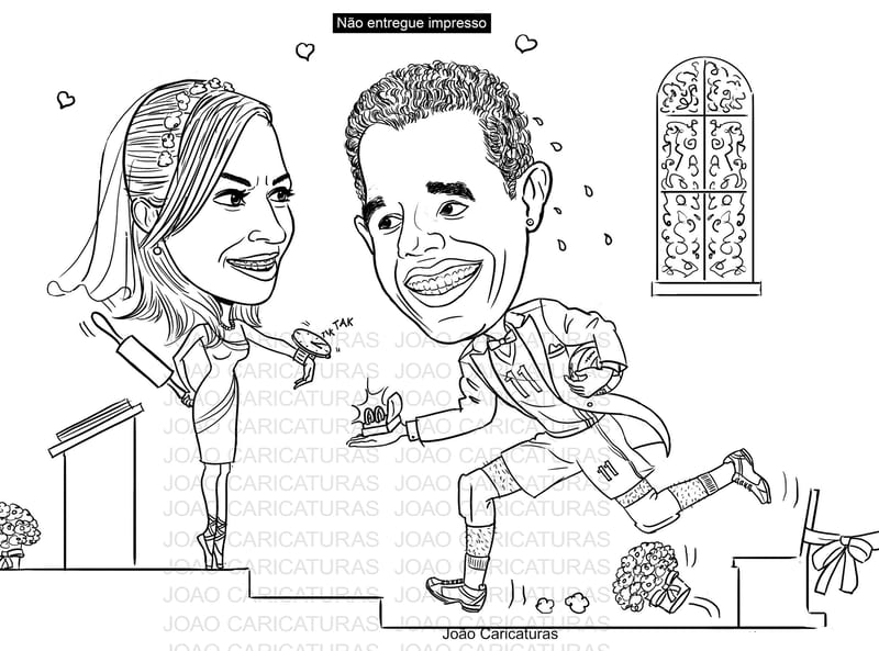 Caricatura casal traço sem cor corel casamento, noivo, noiva, vetor, vetorial, 1 cor, correndo, noivo atrasado,noiva brava, igreja, altar, rolo macarrão, puxando gola,puxando corda,moto, brindando,