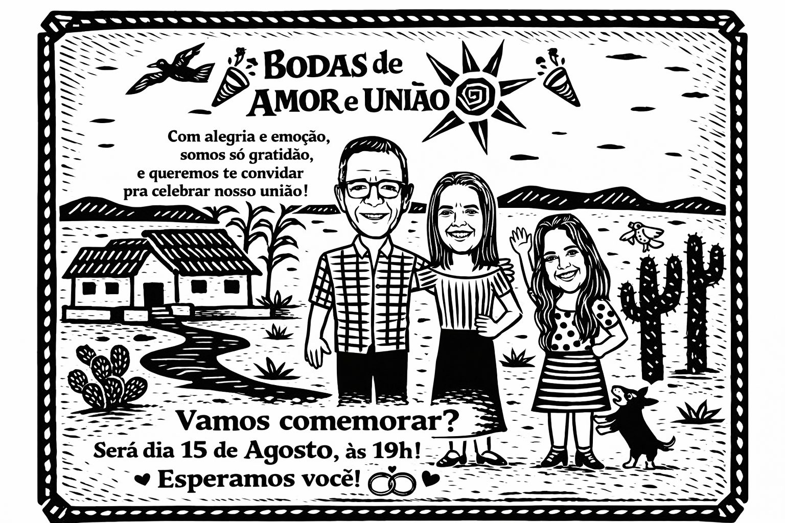 Caricatura Xilogravura Nordestina Personalizada | Família em Cordel