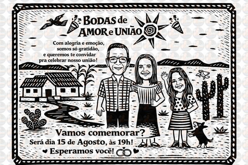 Caricatura Xilogravura Nordestina Personalizada | Família em Cordel