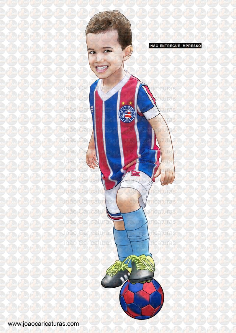 Caricatura, desenho, arte colorida, imagem digital, aniversário criança, filho, neto, sobrinho, camisa, time bebê, garoto, menino, jogador, seleção, craque