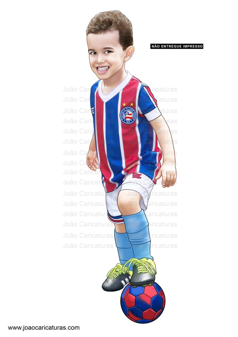 Caricatura, desenho, arte colorida, imagem digital, aniversário criança, filho, neto, sobrinho, camisa, time bebê, garoto, menino, jogador, seleção, craque