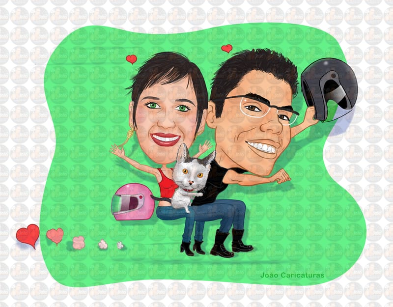 Caricatura de casal numa moto invisível apaixonados capacete velos gato gatinho motoqueiro caricata