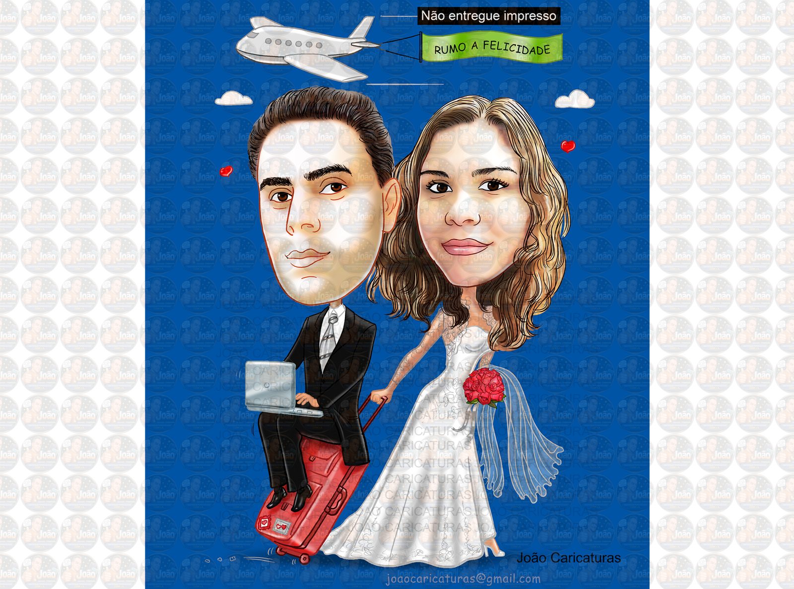 Caricaturas casamento, casal embarcando,noivo sentado, avião, notebook, lua de mel, noiva laçada corda, moderna, puxando gravata, parecida, alterofilista, felizes, musculoso, noiva no colo confeitera