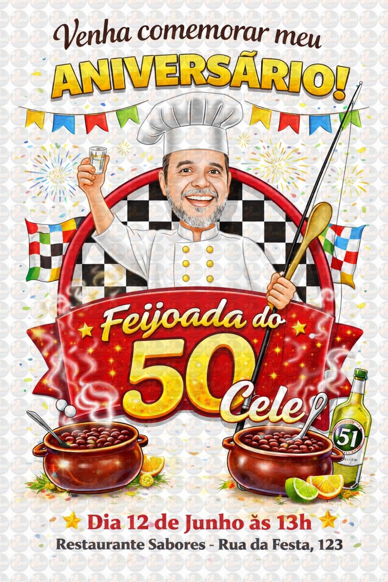 Caricatura de Feijoada para Aniversário | Tema Mestre Cuca Personalizado