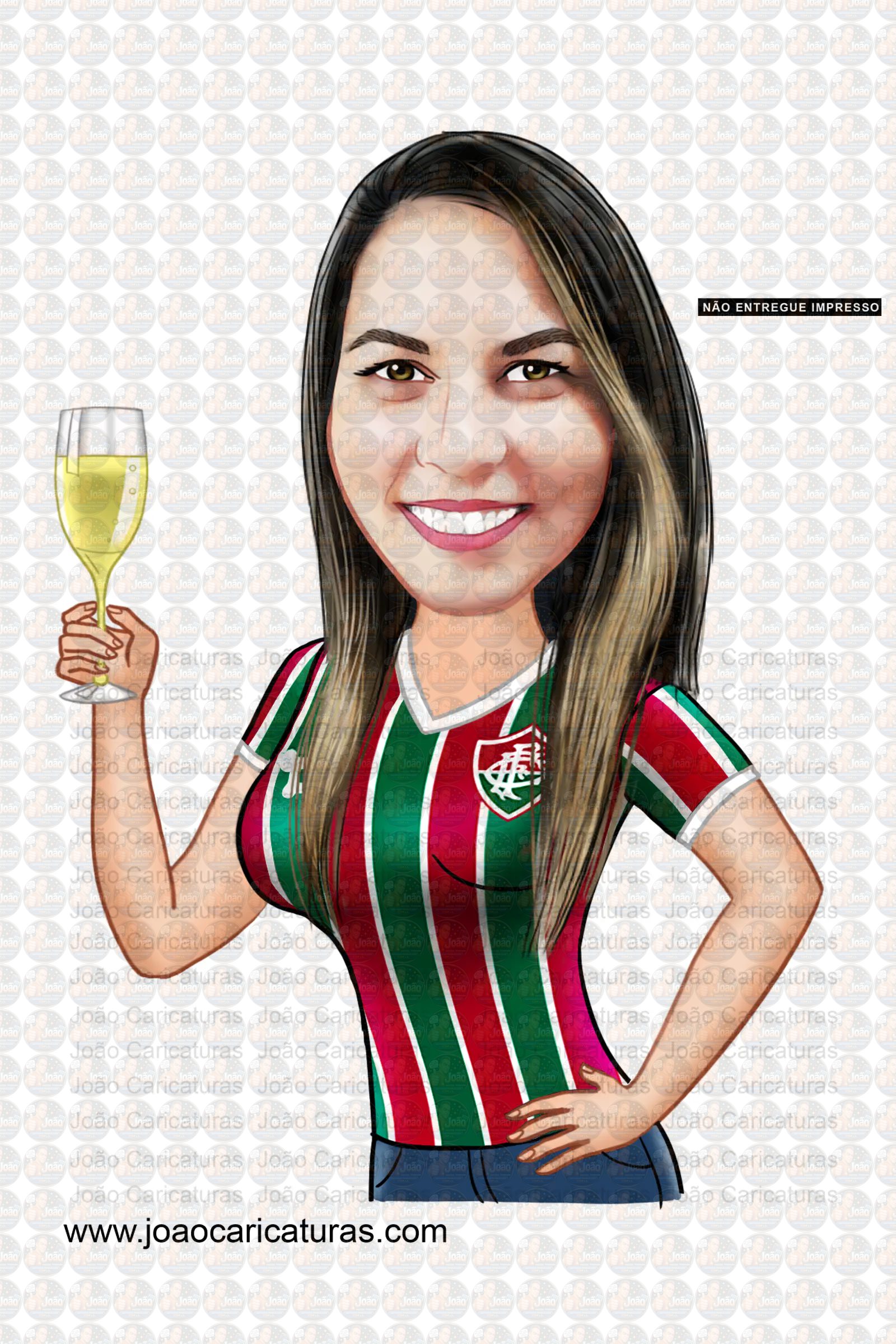 Caricatura mulher torcedora brindando aniversário fluminense palmeiras corinthias time bonita festa comemoração imprimir boteco champanhe