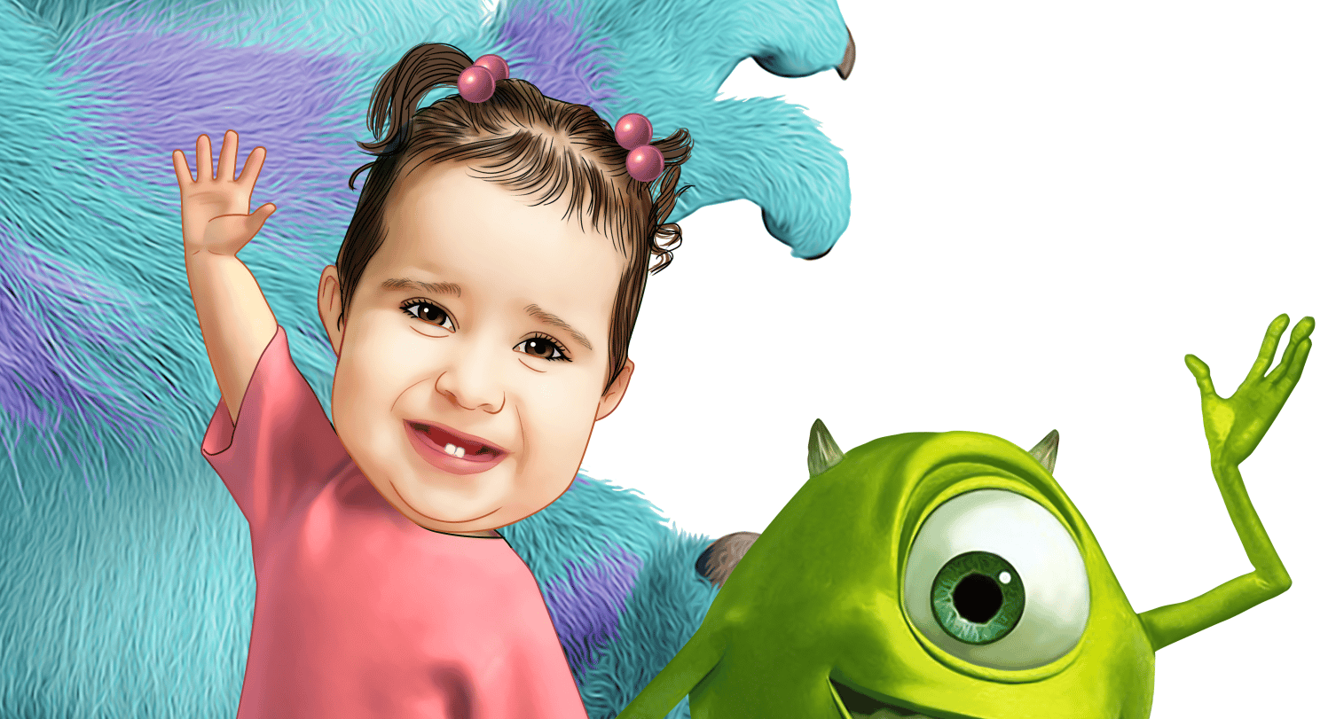 Caricatura personalizada adaptando personagens Sullivan Mike e Boo de monstros SA para banner aniversário no tamanho 1m