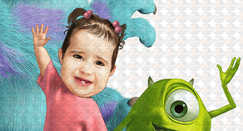 Caricatura personalizada adaptando personagens Sullivan Mike e Boo de monstros SA para banner aniversário no tamanho 1m