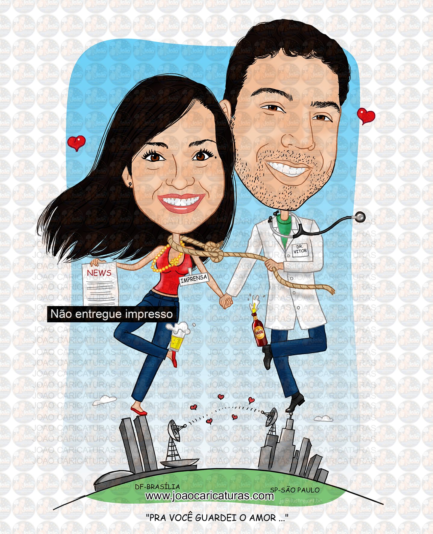 Caricatura Casal Personalizada com Profissões e Cenários Especiais