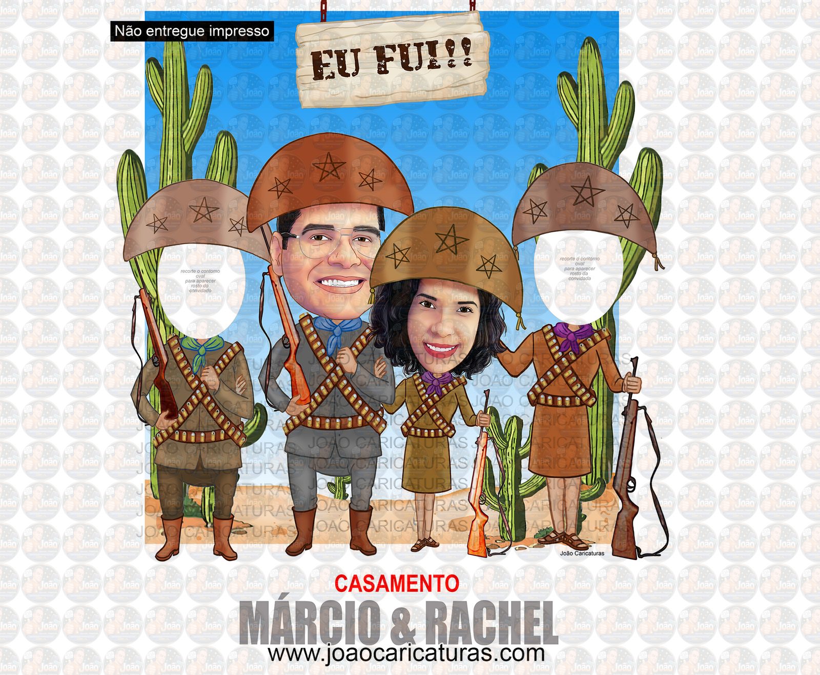 Caricatura casal abraçados cangaceiro nordestino agreste cactos lampião maria bonita 60 70 80 90 anos idoso homenagem postumas espingarda