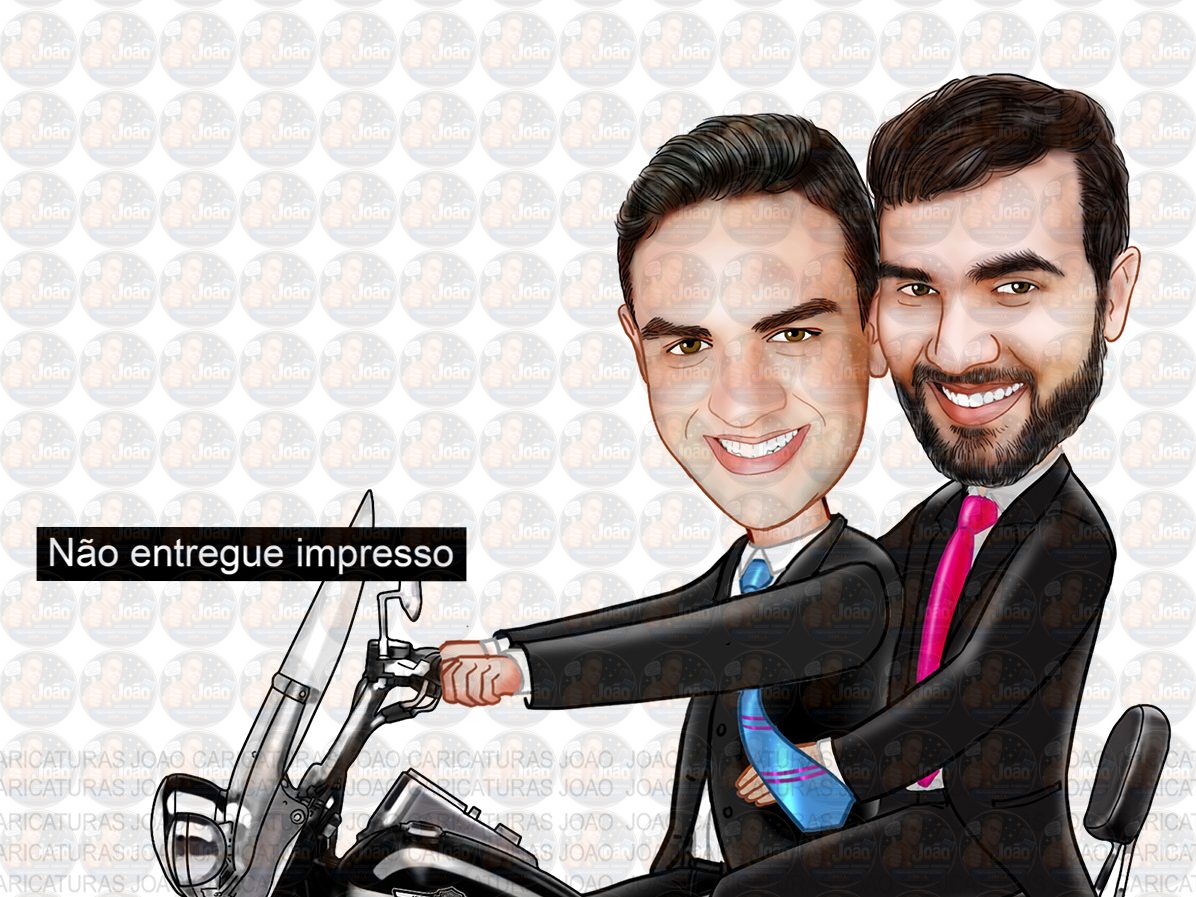 Caricatura casamento gay com moto, casal, dirigindo, noivo, marido, bodas, motoqueiro,lua de mel,