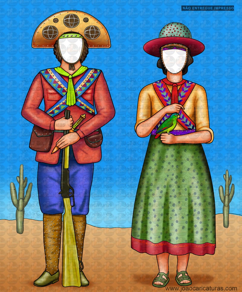 Desenho, enviado por email, para imprimir, Banner EuFui, casal nordestino, lampião, Maria Bonita, cangaceiro, rei do cangaço, espingarda, chapéu de couro, cactos, sertão, cordel, folclore