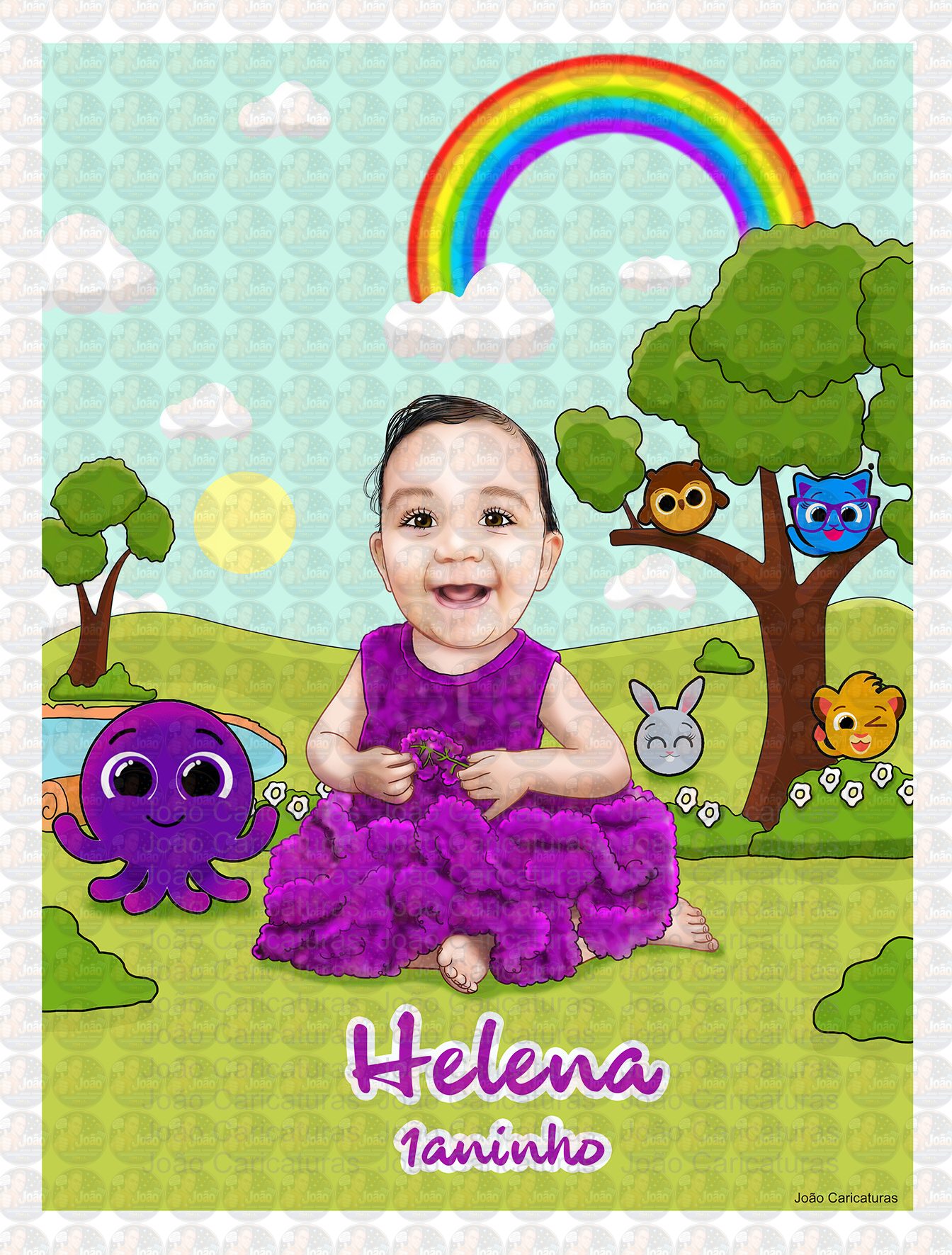 Caricatura bebê 1 aninho aniversário menina linda convite tema bolofofos