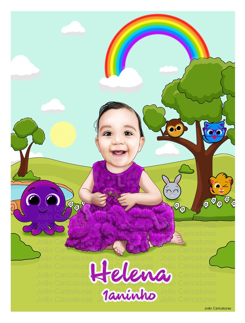 Caricatura bebê 1 aninho  aniversário menina linda convite tema bolofofos