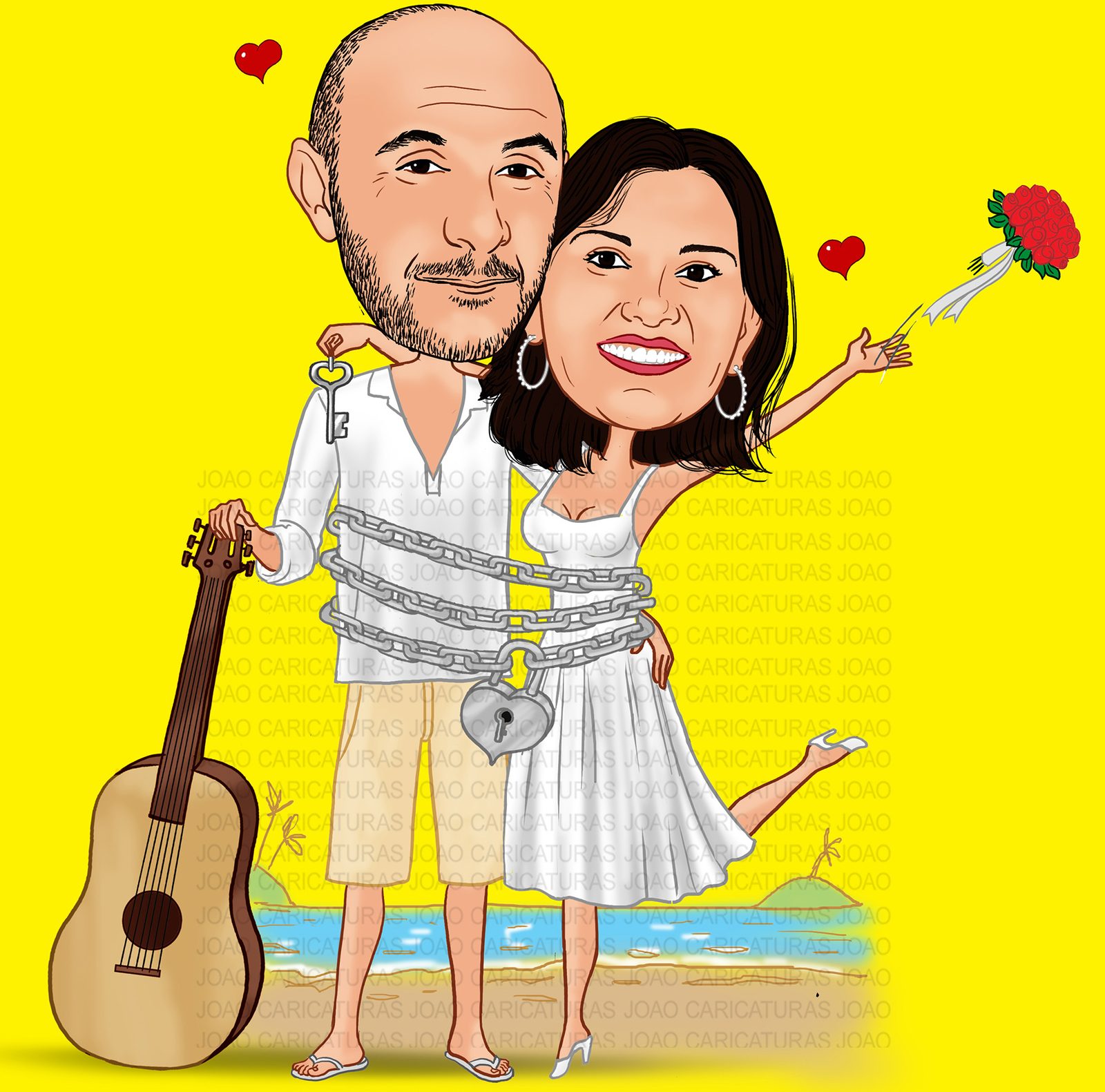 Caricaturas casamento, casal de noivos bebendo, comemorando em luau,praia, coqueiros,sol se pondo, correntes, cadeado, violão, cantor, músico, tocador
