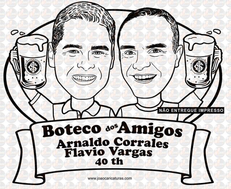 Caricatura Digital Tema boteco duplo- amigos, irmãos duas pessoas brindando, time, a traço, sem cor, corel, vetor