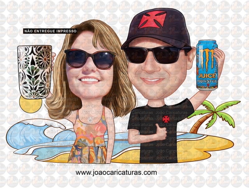 Caricatura de 2 amigos na praia comemorando bebendo aniversário