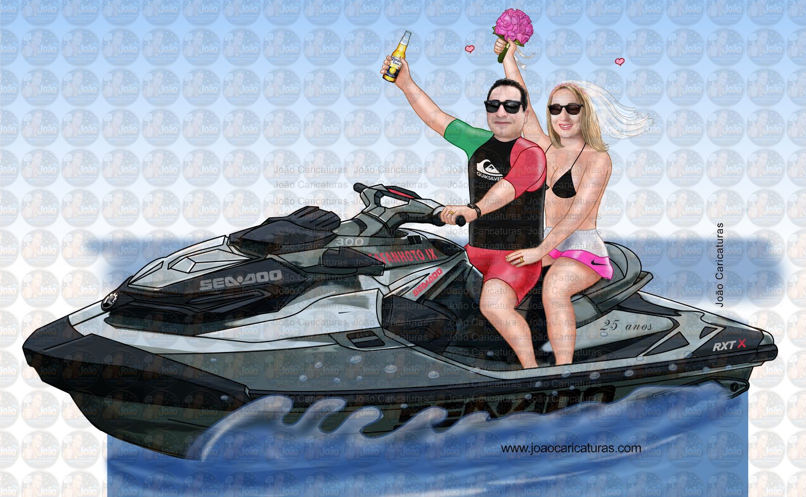 Caricatura casamento noivo pilotando moto ski, jet ski, moto aquática, mar, sentados, namorados, casando, RXT X