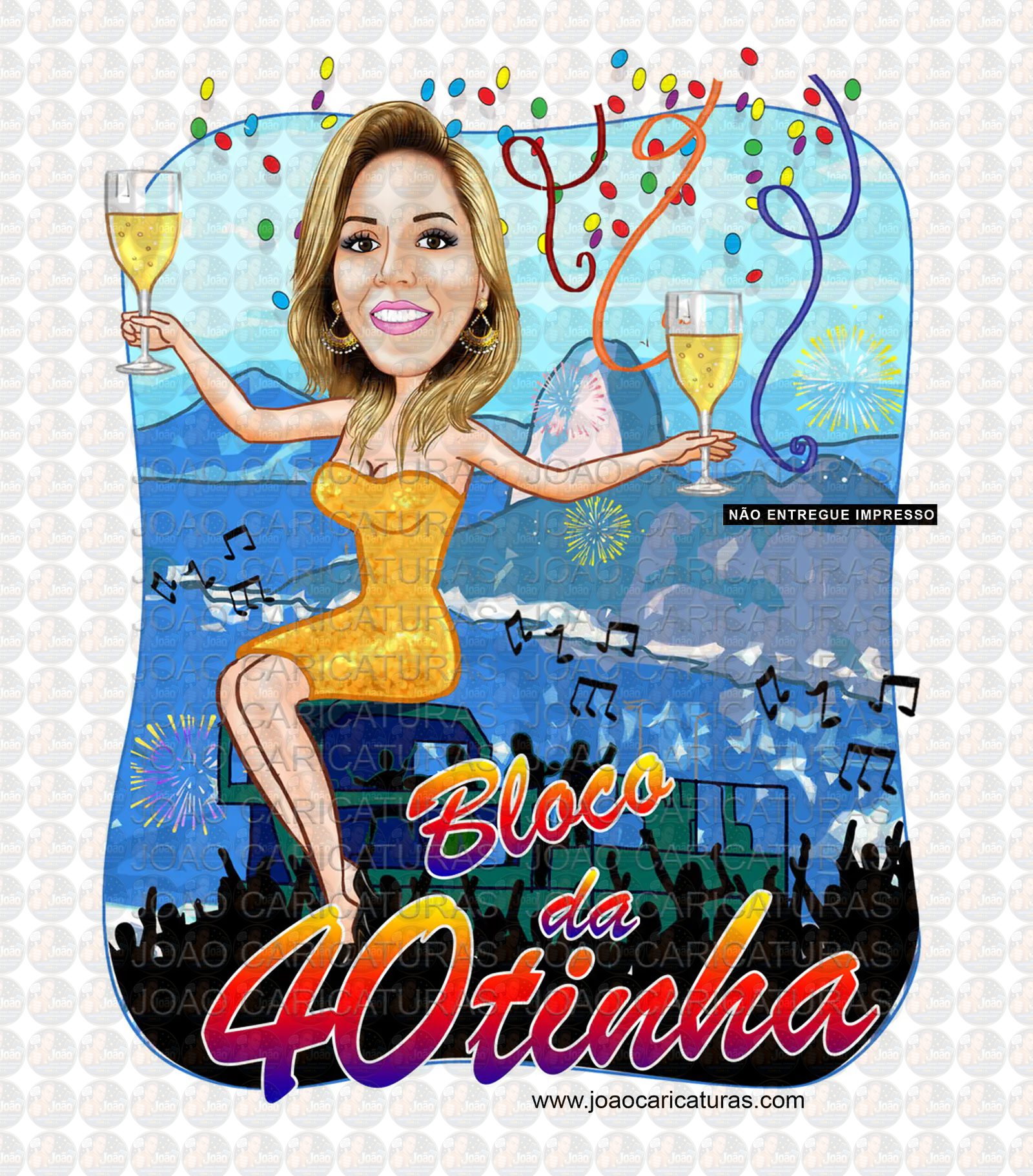 Caricatura de Aniversário Feminina no Trio Elétrico | Tema Micareta Carnaval (20, 30, 40, 50, 60 anos)
