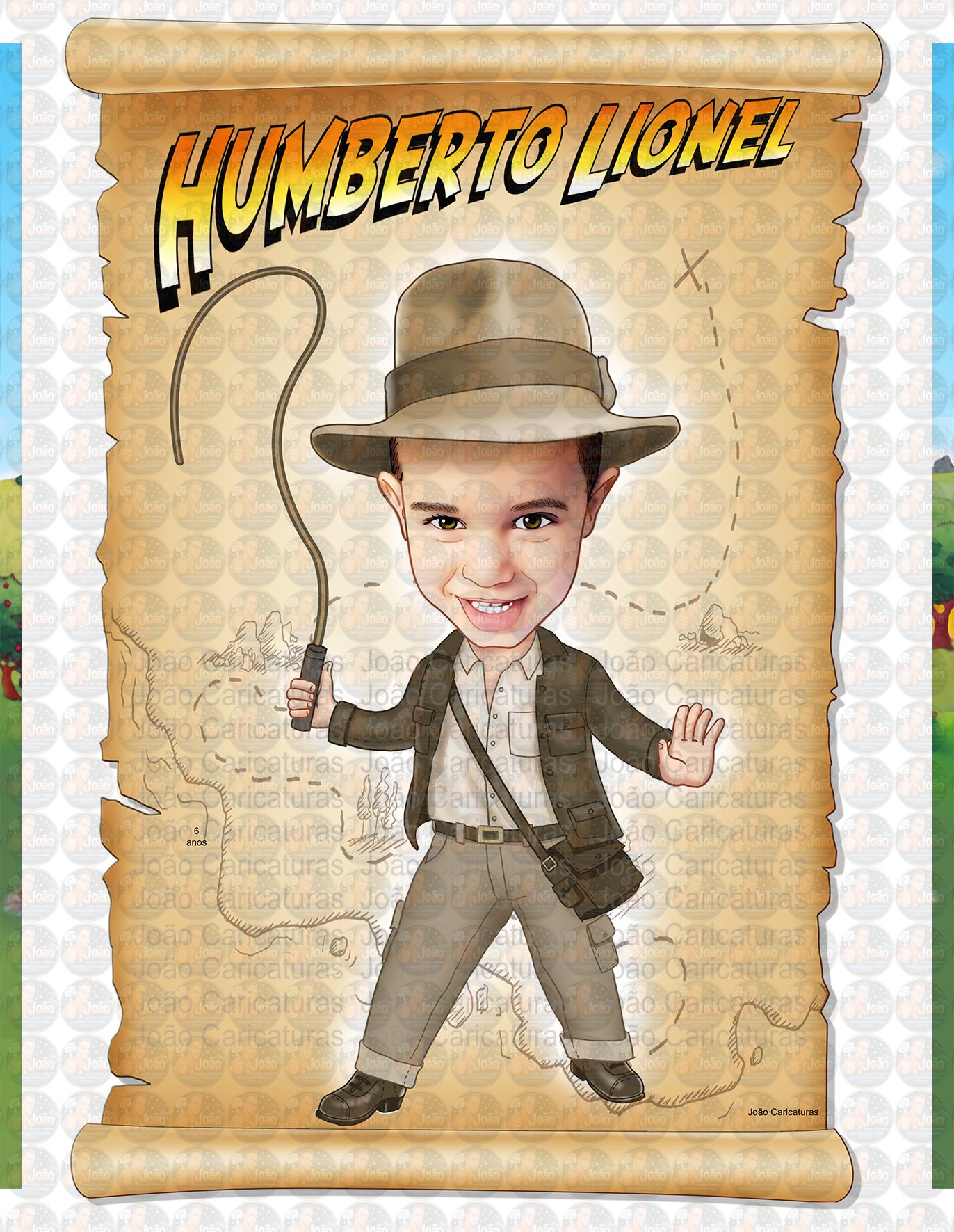 Caricatura aniversário menino vestido de Indiana Jones, aventura, tesouro, chicote
