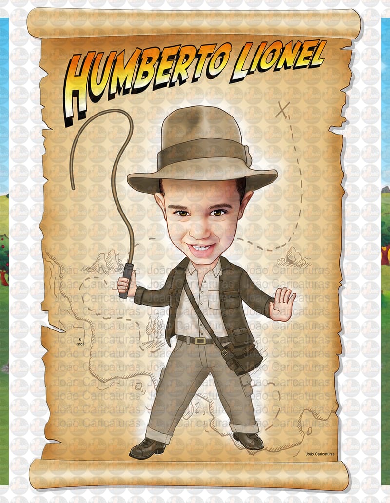 Caricatura aniversário menino vestido de Indiana Jones, aventura, tesouro, chicote