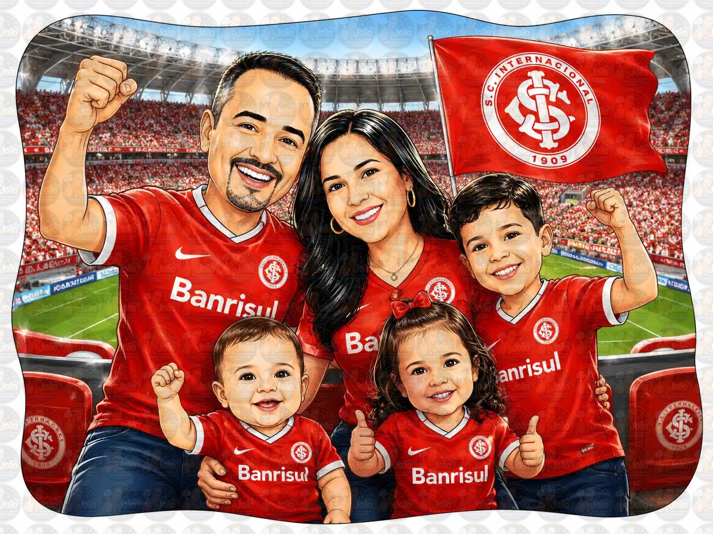 Caricatura Personalizada de Família Torcedora no Estádio (Preço por Pessoa)