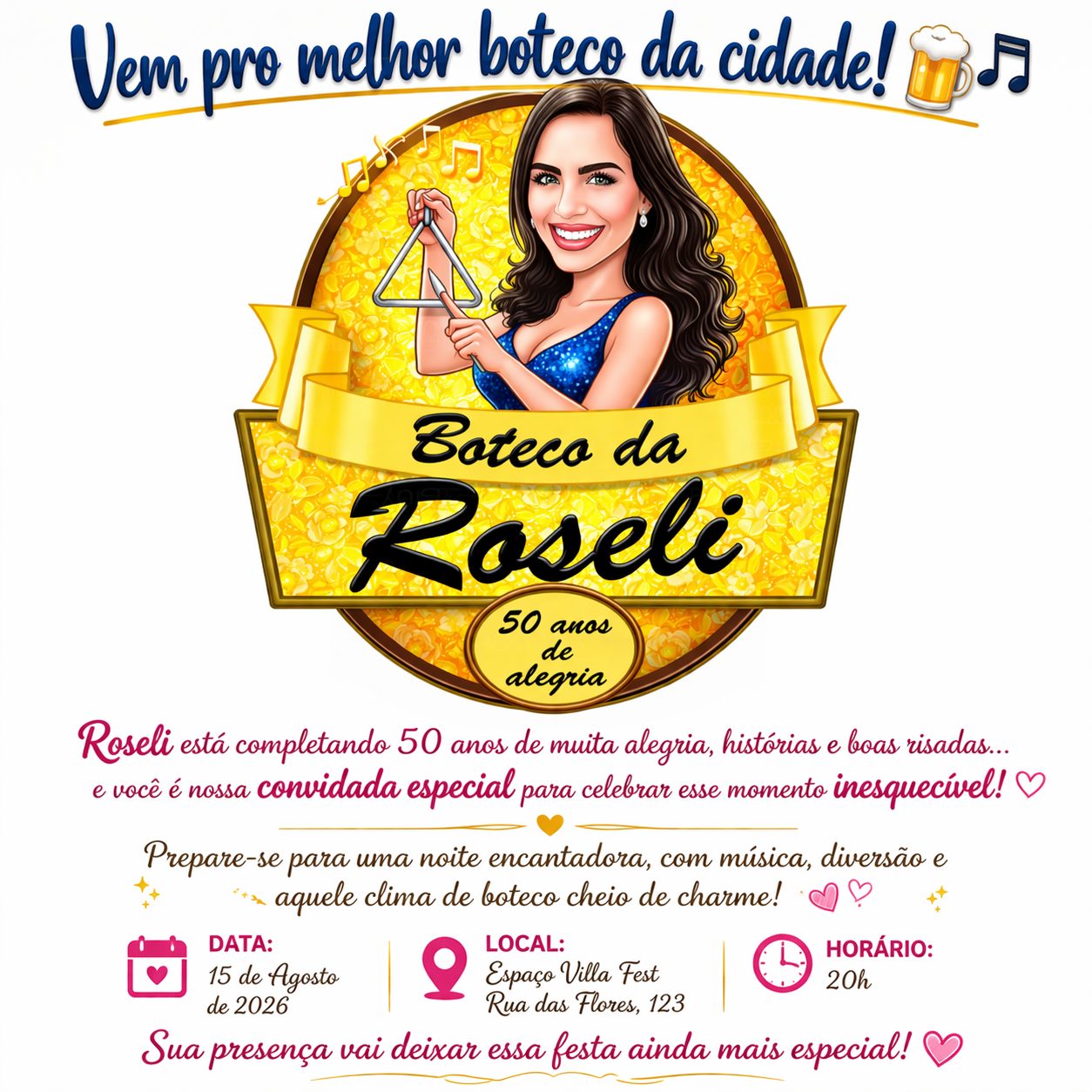 Caricatura Digital Feminina Tema Boteco | Convite Personalizado para Aniversário com Arte Exclusiva