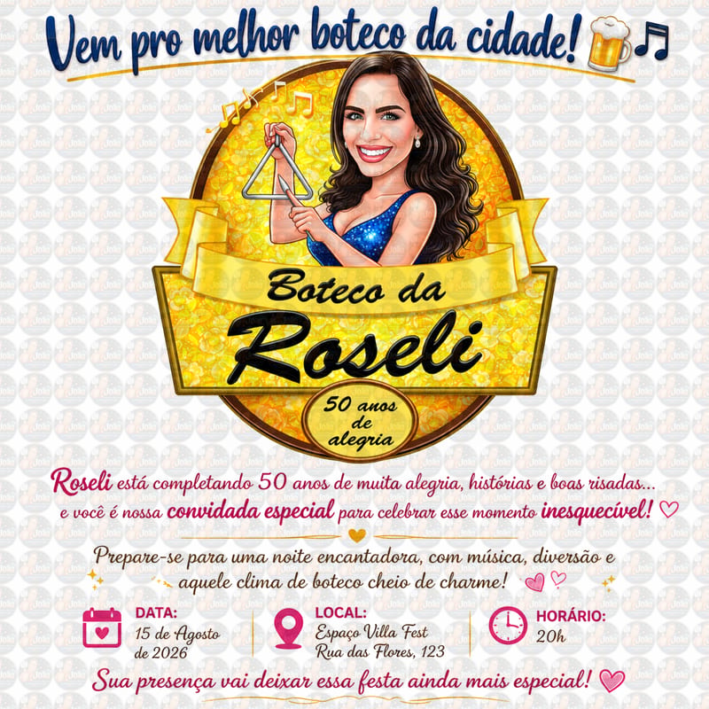 Caricatura Digital Feminina Tema Boteco | Convite Personalizado para Aniversário com Arte Exclusiva