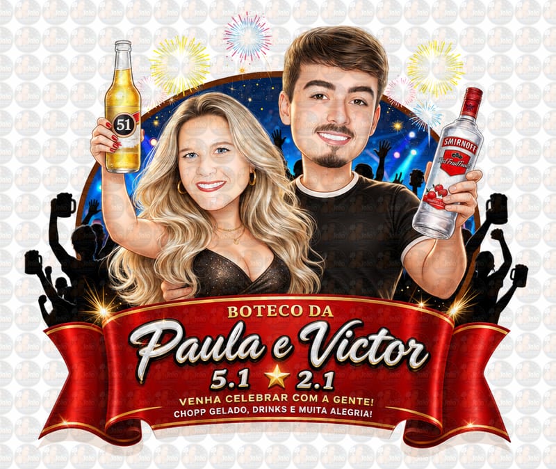 Caricatura de Casal Tema Boteco Personalizada | Convite e Banner