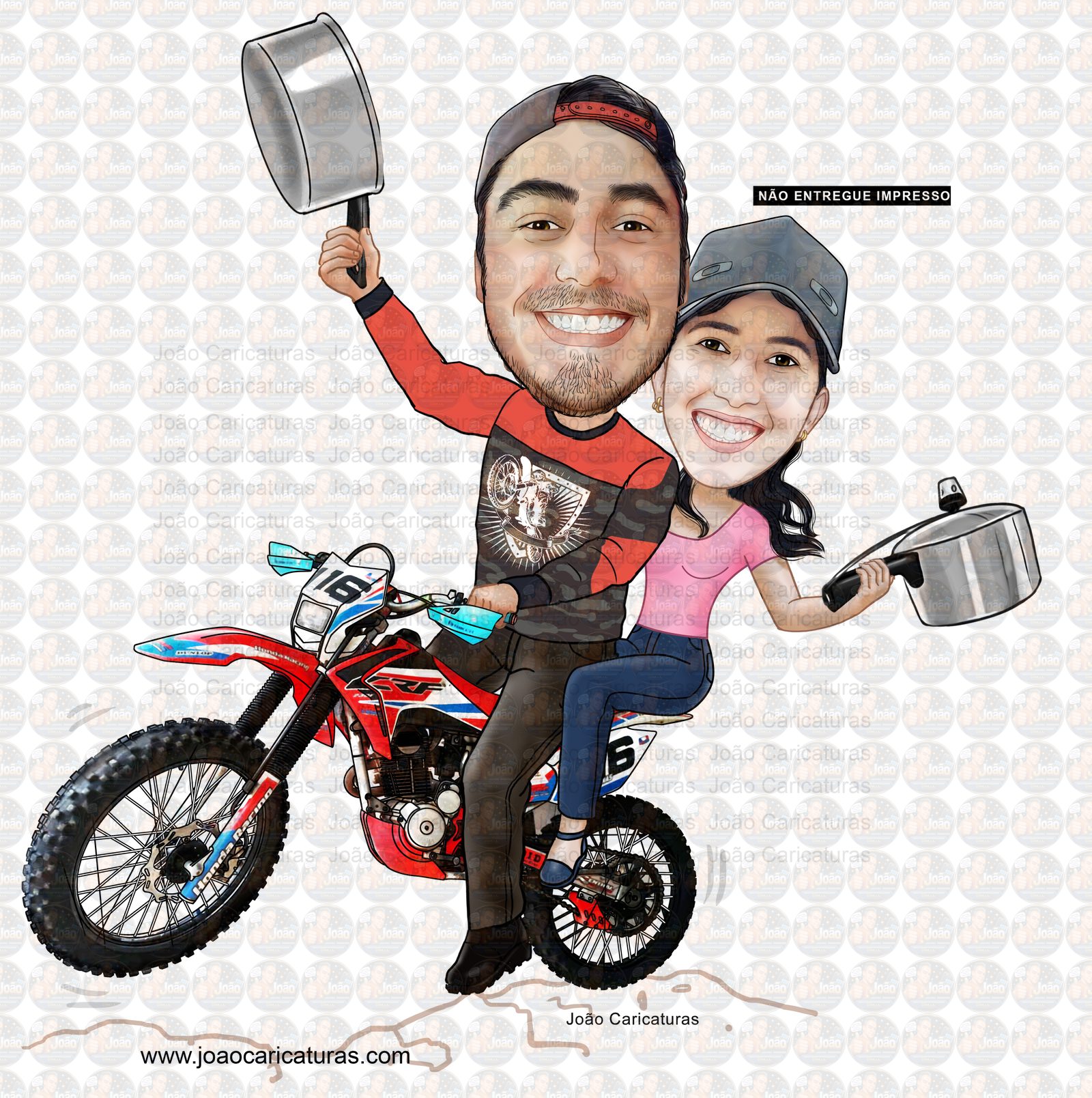 Caricaturas convite festa chá de panela casal em motocross comemorando