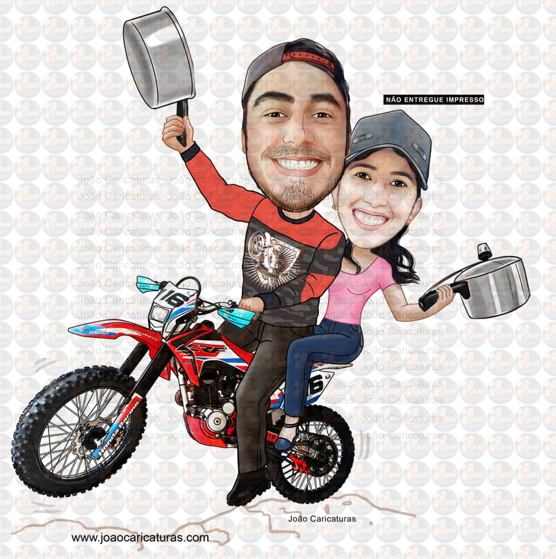 Caricaturas convite  festa chá de panela casal em motocross comemorando