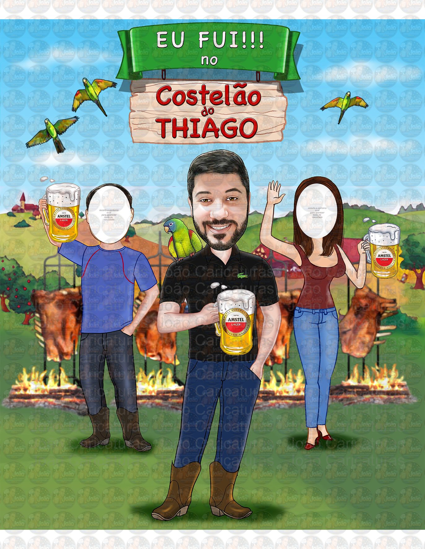 Caricatura aniversário convite no tema costelão, carnes, costela de chão, churrasco no campo estilo banner EU FUI 2 metros de altura (entrego via email não impresso)
