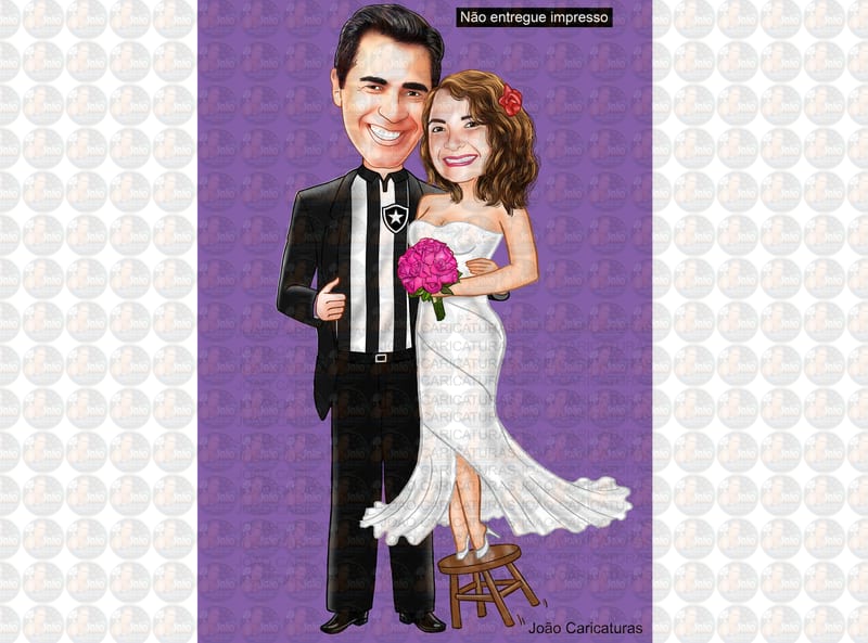 Caricaturas casamento, casal noiva mais baixinha, noivo grandão,noiva no banquinho, noivo camisa de time, vasco, instrumento musical, trompete,contra baixo, caricatura matrimônio.