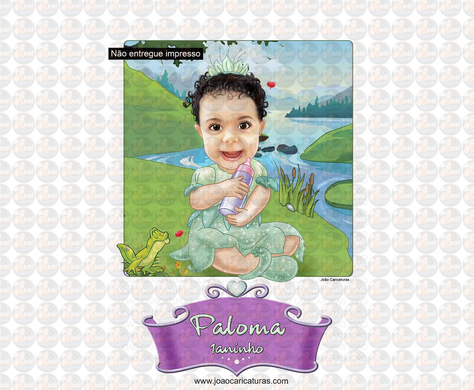 Caricatura criança, menina, bebê, sapo, princesa, lago, 1 ano 2 3 4 5 6 7 8 9 10 11 12 13 linda, bebezinha, princesinha, desenho, festa, aniversário, tiara dourada