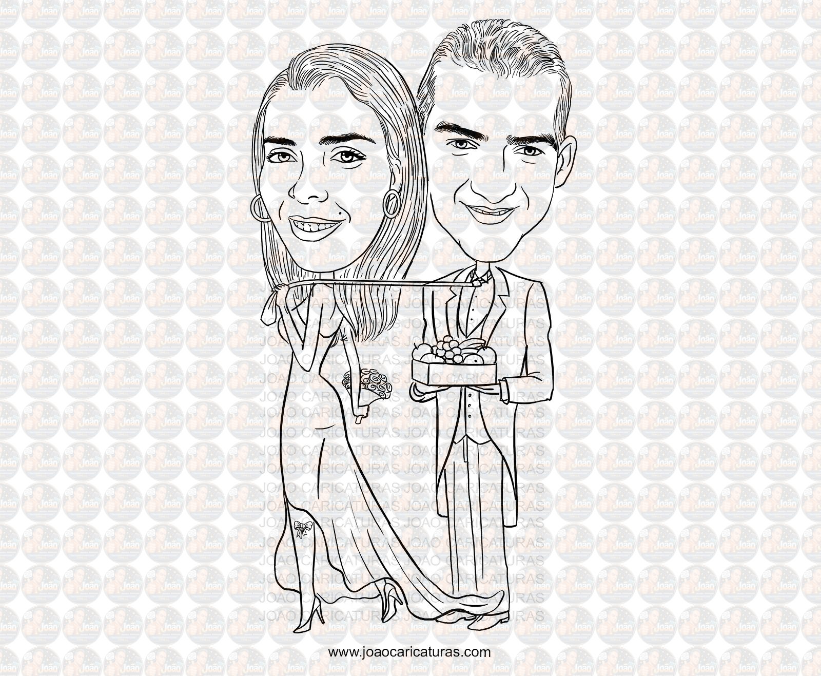 Caricatura casal traço sem cor corel casamento noivo noiva drone controle remoto vetor vetorial 1 cor brindando divertida