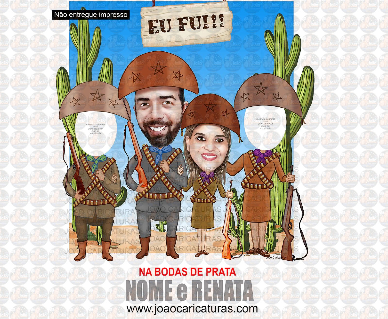 Caricatura casal abraçados cangaceiro nordestino agreste cactos lampião maria bonita 60 70 80 90 anos idoso homenagem postumas espingarda