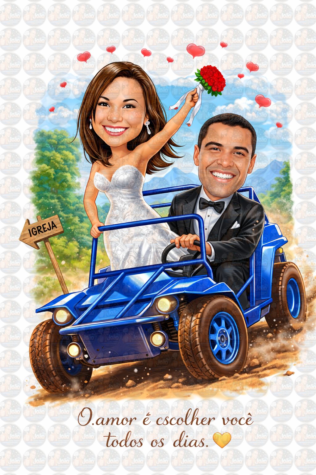 Caricatura de Casamento com Carro Personalizada – Noivos Dirigindo e Tema Automotivo
